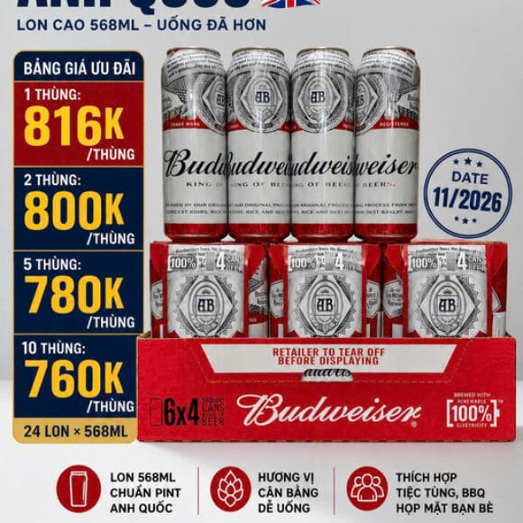 Bia Budweiser UK 4,5% nhập khẩu Anh Quốc – Thùng 24 lon 568ml (Pint)