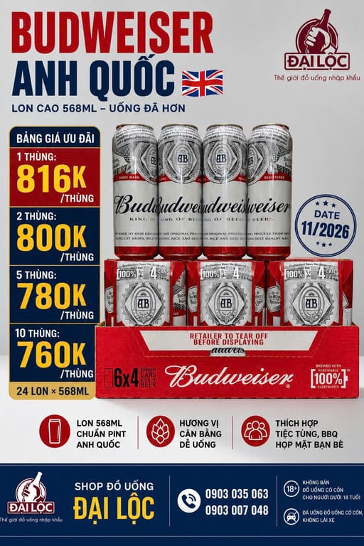 Bia-budweiser-anh-quoc Bia Budweiser UK 4,5% nhập khẩu Anh Quốc – Thùng 24 lon 568ml (Pint)