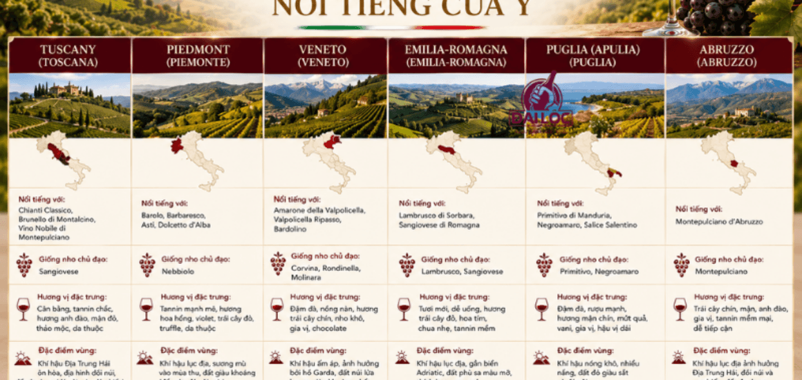 So sánh sự khác biệt về hương vị, thổ nhưỡng giữa các vùng làm rượu vang đỏ nổi tiếng của Ý: Piedmont, Tuscany, Puglia. Đại Lộc phân phối rượu vang Ý chính hãng giá tốt.