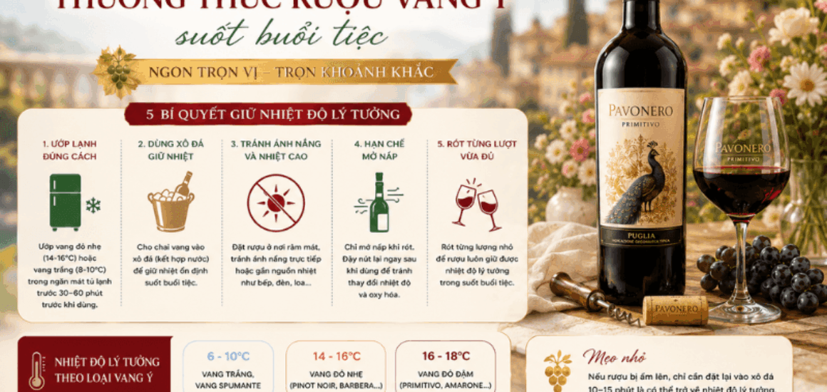 Bí quyết duy trì nhiệt độ lý tưởng thưởng thức rượu vang ý suốt buổi tiệc bằng xô đá, bao giữ nhiệt. Đồ Uống Đại Lộc giao vang lạnh hỏa tốc 2h.