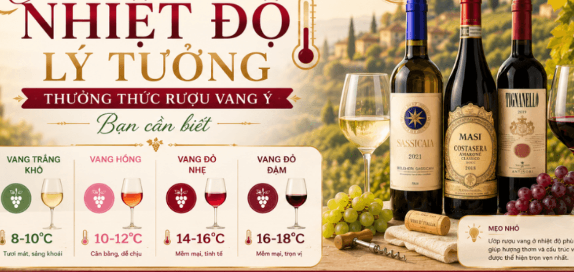 Hướng dẫn chuẩn nhiệt độ lý tưởng thưởng thức rượu vang ý cho từng dòng vang đỏ, trắng, ngọt. Shop Đại Lộc Phú Nhuận giao vang lạnh hỏa tốc tận nơi 2h.