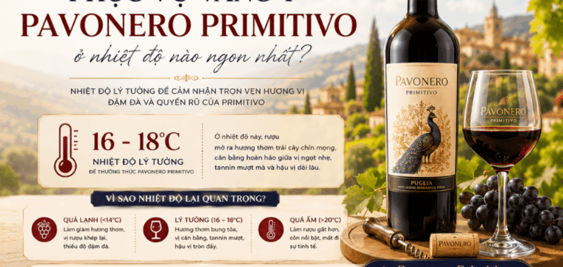 Khám phá nhiệt độ phục vụ rượu vang Ý PavoNero Primitivo chuẩn Sommelier (16°C - 18°C). Shop Đại Lộc Phú Nhuận cung cấp rượu vang Ý chính hãng, giao lạnh hỏa tốc 2h.