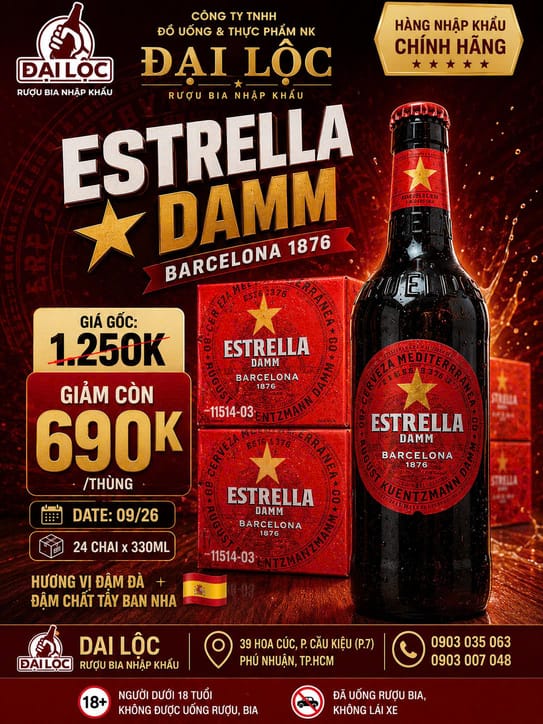 Bia Estrella Damm 4,6% Tây Ban Nha - Thùng 24 Chai 330ml