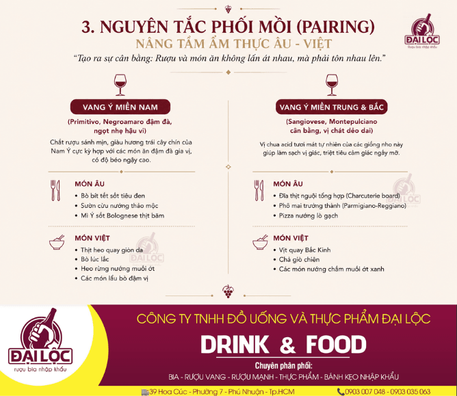 Rượu vang Ý và món ăn không được lấn át nhau, mà phải tôn nhau lên.