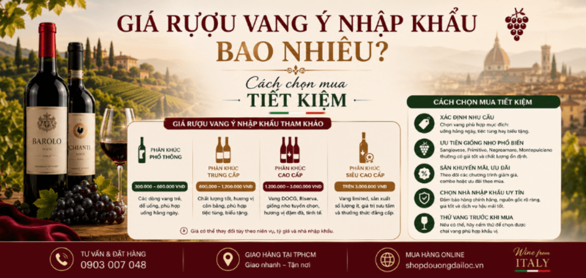 Khảo sát giá rượu vang ý nhập khẩu mới nhất 2026. Mẹo tối ưu chi phí tiếp khách, mua vang nguyên thùng chiết khấu cao tại Đại Lộc TPHCM.