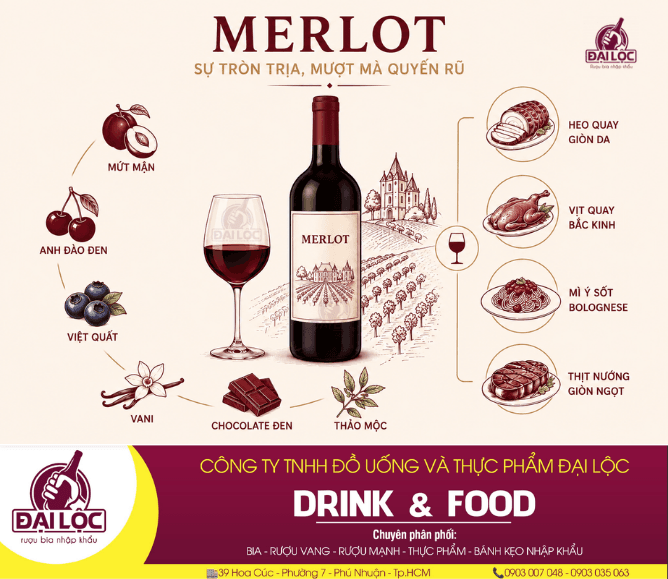 Giống nho Merlot ngập tràn hương vị trái cây chín mọng.