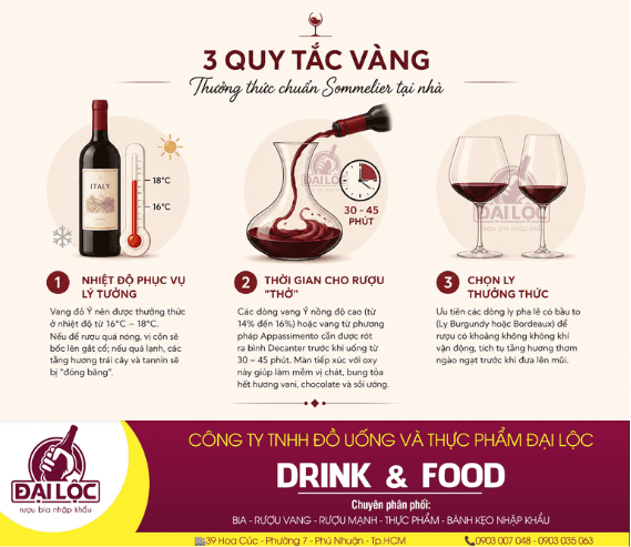 Cẩm nang rượu vang Ý toàn tập từ A-Z cho người mới 2026 Một chai vang Ý thượng hạng có thể giảm mất 50% giá trị hương vị nếu phục vụ sai cách
