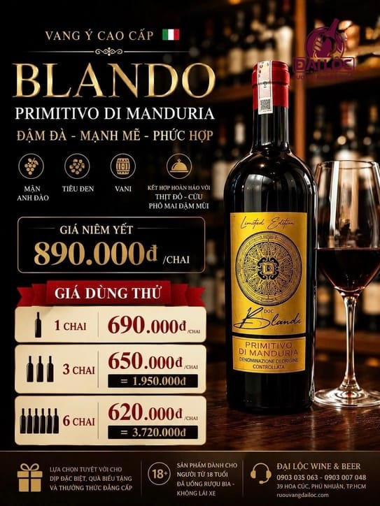 Rượu Vang Ý Blando Primitivo di Manduria 15,5% 2020 - Limited Edition