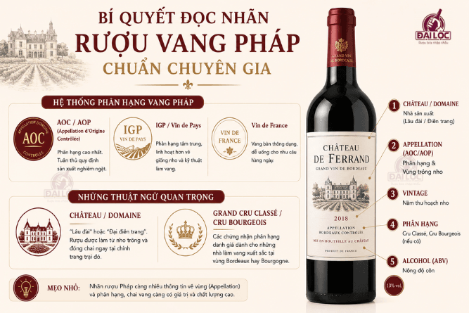 Việc đọc nhãn rượu vang Pháp dựa vào hệ thống phân hạng AOC và tên các Château truyền thống.
