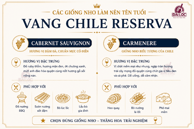 Nho Cabernet Sauvignon và Carmenere là hai đại diện tiêu biểu tạo nên thành công cho dòng vang Chile.