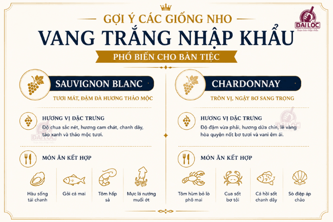 Các dòng vang trắng Sauvignon Blanc hay Chardonnay mang đến sự đa dạng trong cách phối vị ẩm thực