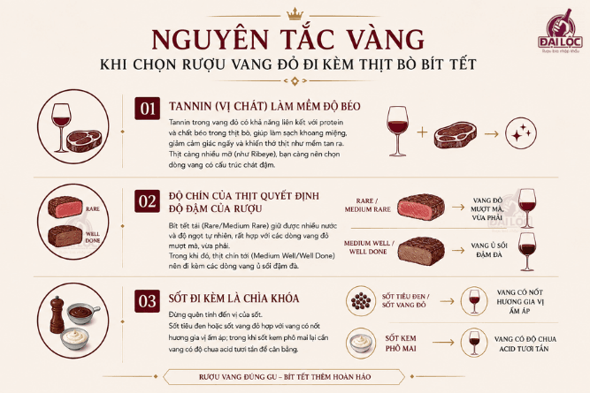 Sự kết hợp hoàn hảo giữa rượu vang đỏ và thịt bò bít tết giúp nâng tầm bữa tiệc ẩm thực.