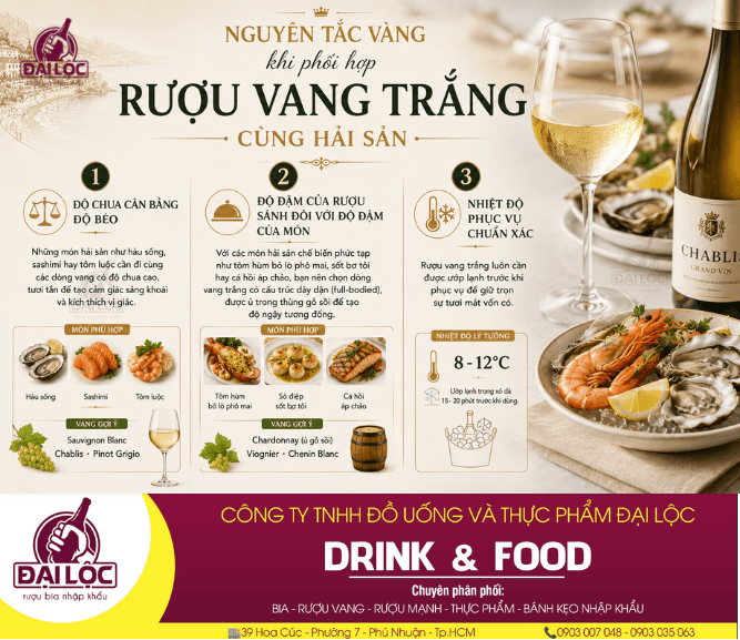 Sự kết hợp chuẩn vị giữa rượu vang trắng Pháp và hải sản giúp nâng tầm trải nghiệm ẩm thực.