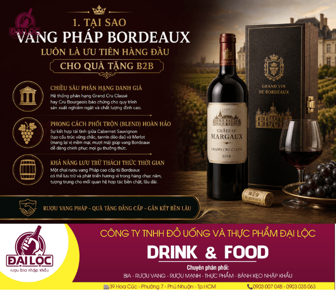 Rượu vang Pháp Bordeaux luôn là sự lựa chọn đẳng cấp hàng đầu cho quà tặng đối ngoại B2B.