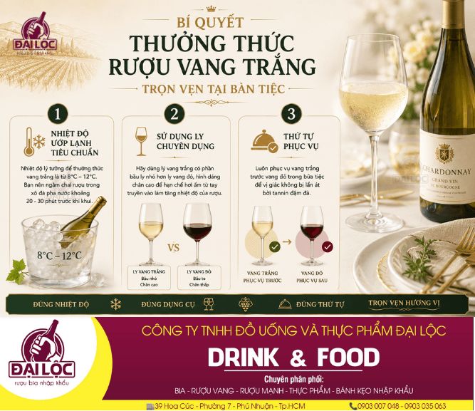 Thưởng thức rượu vang trắng ở nhiệt độ ngâm lạnh 8-12 độ C giúp giữ trọn độ tươi mát.