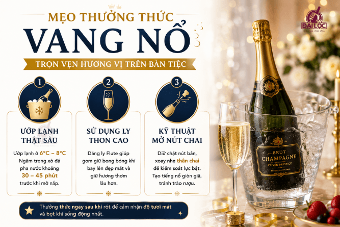 Thưởng thức vang nổ đúng cách trong ly Flute ướp lạnh giúp giữ vẹn nguyên các hạt bọt sủi li ti.