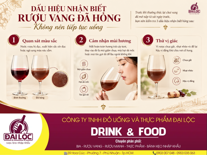 Nước rượu đục và có mùi giấm chua là dấu hiệu cho thấy chai vang đã bị hỏng.