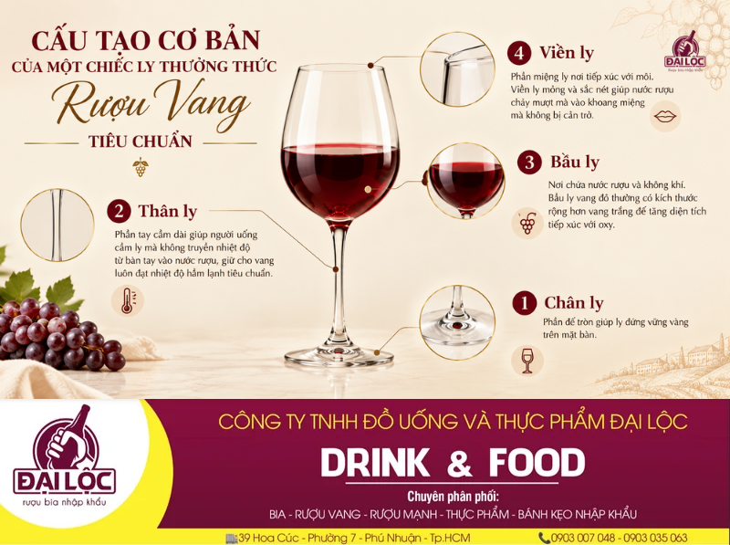 Hướng dẫn chọn ly rượu vang đỏ giúp bùng tỏa hương thơm Cấu tạo 4 phần của một chiếc ly thưởng thức rượu vang chuẩn Sommelier