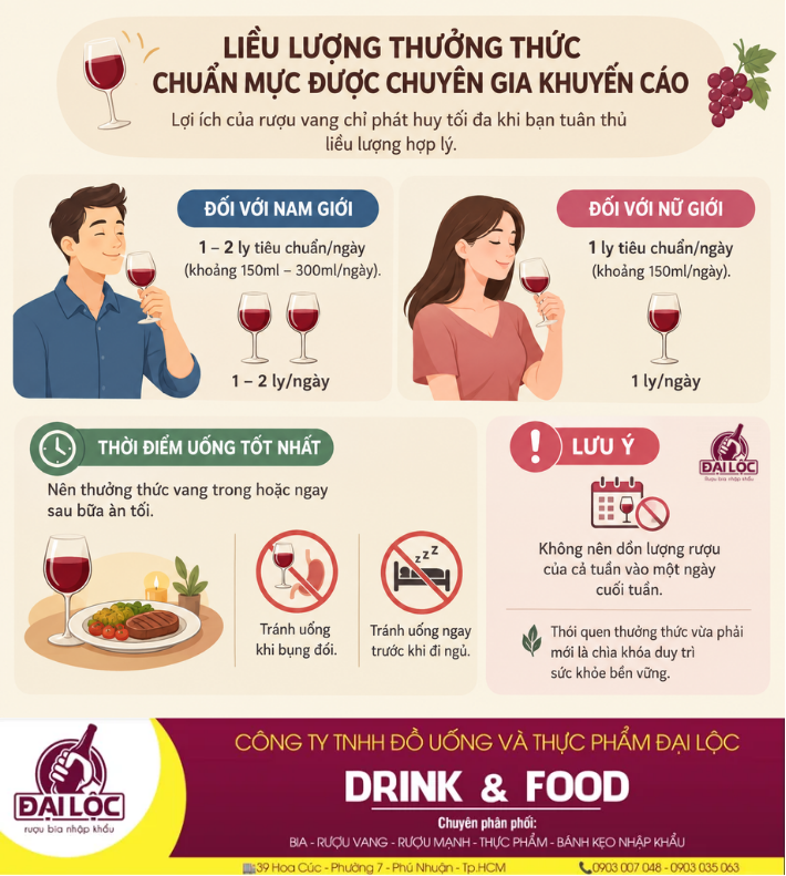 Uống rượu vang mỗi ngày có tốt không cho sức khỏe? Uống 150ml rượu vang đỏ mỗi ngày trong bữa ăn là liều lượng lý tưởng cho sức khỏe.