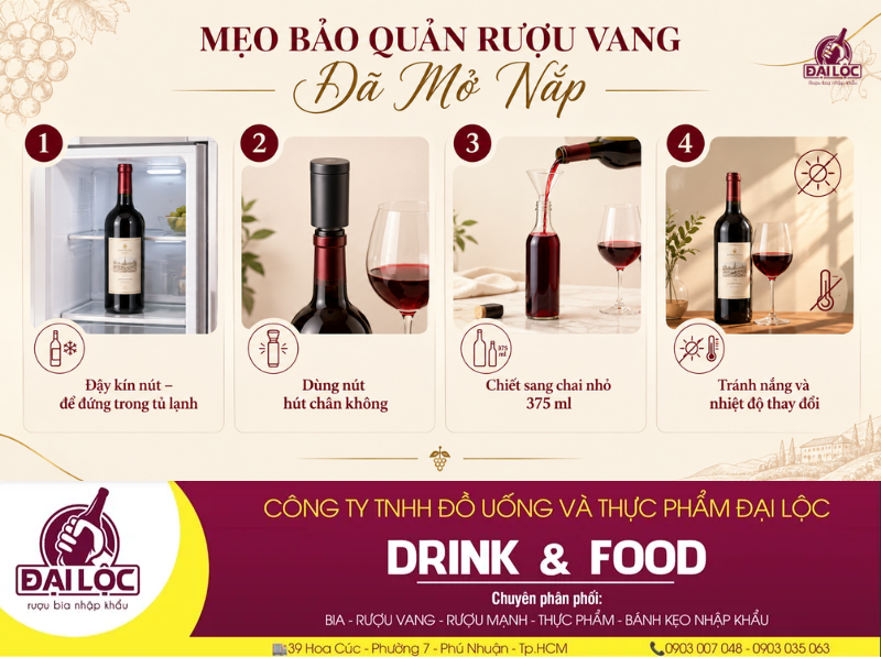 URL Ảnh: /hinh-anh/meo-bao-quan-ruou-vang-da-mo-nap-tai-nha.jpgChú thích ảnh: Sử dụng nút hút chân không và đặt đứng chai vang trong tủ lạnh giúp bảo quản hương vị hiệu quả.