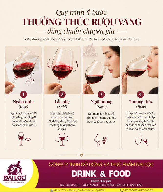 Thực hiện đúng 4 bước thưởng thức giúp bạn cảm nhận trọn vẹn hương vị rượu vang.